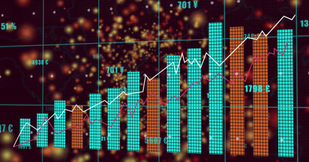 Financial chart displaying in dashboard with teal orange bars white magenta lines currency labels....