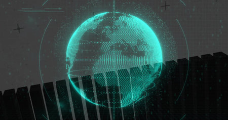 Displaying teal dotted mesh globe hovering in virtual data space, with UI arcs and black bars. Technology, data visualization, holographic interface, digital analytics, futuristic designの写真素材