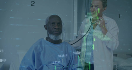 Examining African American gowned patient sitting on bed in ward bay, physician placing stethoscope....