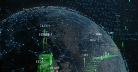 Orbiting Earth globe showing data labels in virtual outer space, with candlesticks and mesh nodes. Planetary, analytics, futuristic, digital, visualization, network, innovationの写真素材