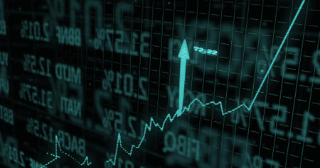 Displaying digital financial line graph rising on trading terminal, with upward arrow and tickers....