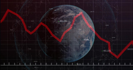 Displaying semi-transparent Planet Earth against dark grid overlay, showing red line graph trend. Technology, data, analytics, visualization, futuristic, financial, digitalの写真素材