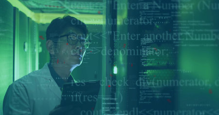 Inspecting technician in lab coat with tablet by racks in server aisle, floating code, copy space. Technology, data, cybersecurity, innovation, futuristic, network, digitalの写真素材