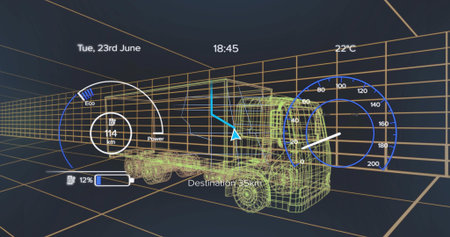 Rotating 3D wireframe truck model in grid workspace, with HUD overlays and destination indicator. 3d...