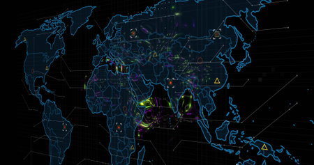 Displaying neon world map charting data streams over grid display showing nodes and connectors....