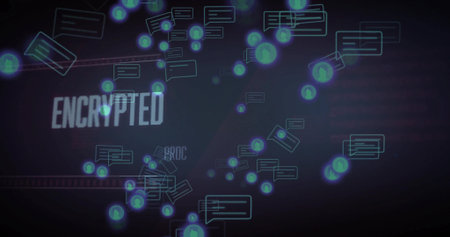 Displaying chat bubbles, green icons and connecting lines on dark screen, showing encrypted text. Cyberspace, cybersecurity, data protection, digital communication, network security, technologyの写真素材