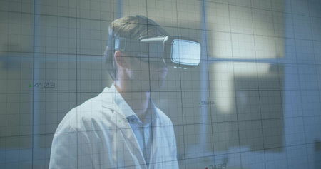 Navigating scientist wearing lab coat analyzing virtual data grids in modern lab, with VR headset....