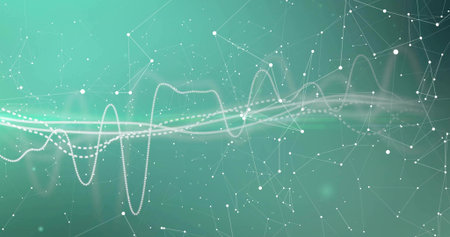 Running white dotted and solid waveform lines connecting mesh nodes on turquoise digital gradient. Futuristic, technology, connectivity, digital, network, cyber, abstractの写真素材