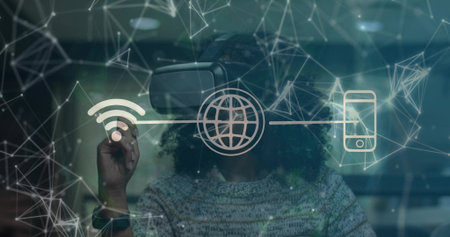 Using VR headset and smartwatch, woman interacting with wifi, globe, phone icons, nodes in tech lab....