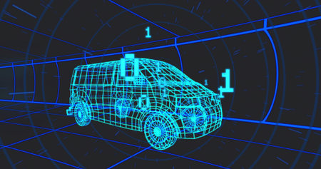 Rotating neon-blue wireframe van model hovering in grid tunnel, with floating numeric 1 markers. Futuristic, digital, technology, innovation, interface, virtual, cybersecurityの写真素材