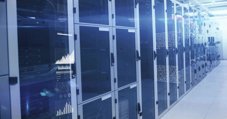 Lining data center corridor, glass server racks flashing LED indicators, cable bundles and graphs. Technology, data infrastructure, networking, innovation, digital, futuristic, corporateの写真素材