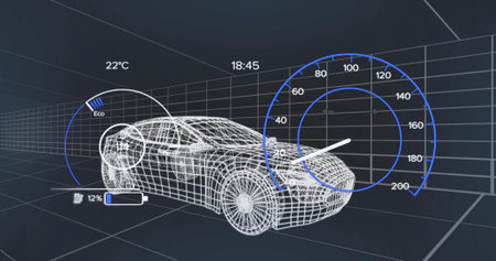 Displaying wireframe sedan model floating in digital grid chamber, with holographic gauges. Futuristic, technology, automotive, 3d modeling, innovation, digital, engineeringの写真素材