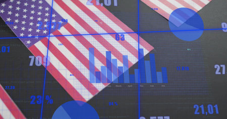Dashboard displaying US flag shapes in UI, with monthly bar chart, pie chart, grid lines, values. Data visualization, analytics, technology, business intelligence, digital interface, statisticalの写真素材