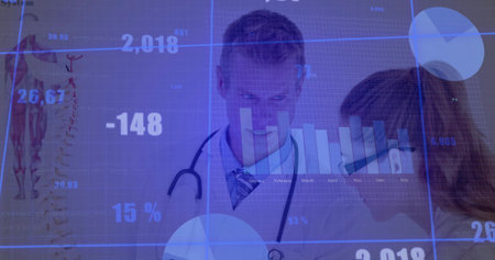 Doctor in lab coat observing patient pointing at interface in clinic, with spine diagram overlays. Healthcare, diagnostic, technology, analysis, professionalism, futuristic, data visualizationの写真素材