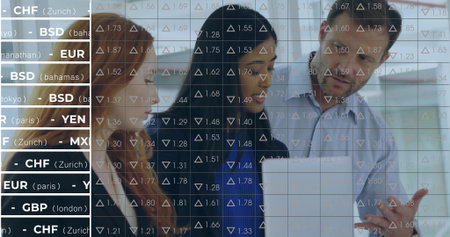 Three colleagues in business attire analyzing data in office, with clipboard and currency overlay. Finance, collaboration, analytics, corporate, professionalism, data visualization, teamworkの写真素材