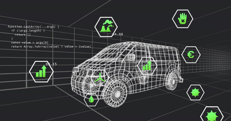 Displaying 3D wireframe van model rotating in dark grid workspace, with hex icons and code snippet. Technology, digital, futuristic, analytics, innovation, virtual, abstractionの写真素材