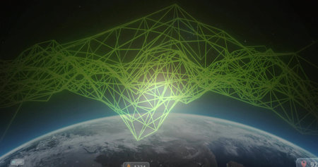 Floating neon green wireframe mesh above Earth horizon in low Earth orbit, with three data icons. Futuristic, technology, virtual, digital, sci-fi, space, innovationの写真素材