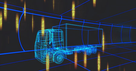 Gliding wireframe semi-truck trailer through neon-blue grid corridor, showing golden light panels. Futuristic, technology, cyber, digital, virtual, innovation, machineryの写真素材