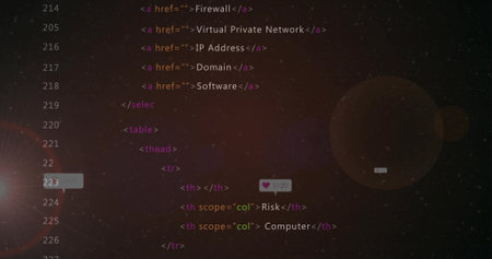 Displaying HTML code snippet in editor showing anchor tags select element table lens-flare overlays....