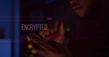 Focusing woman holding smartphone in urban loft at nighttime, with city bokeh, encrypted overlay. Technology, cybersecurity, innovation, urban, modern, intelligence, connectivityの写真素材