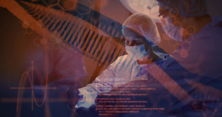 Operating female surgeon examining site under overhead lamp in OR, with DNA molecular code overlays. Medical, healthcare, technology, innovation, precision, collaboration, futuristicの写真素材