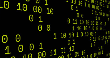 Displaying bright green binary digits streaming in code matrix, data visualization theme. Technology, cybersecurity, data, digital, networking, innovation, futuristicの写真素材