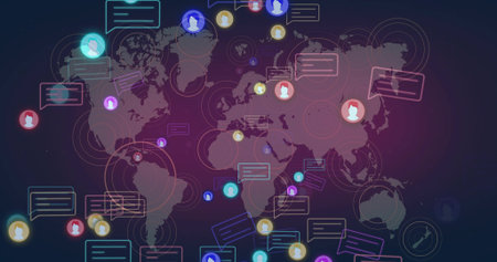Displaying world map in virtual interface, with user icons rectangular chat bubbles ripple circles. Global connectivity, digital network, communication technology, data visualizationの写真素材
