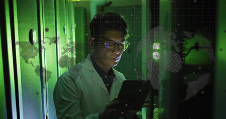 Configuring network gear, Korean technician in lab coat, glasses in data center with tablet overlay. Technology, cybersecurity, innovation, connectivity, digital, futuristic, professionalの写真素材
