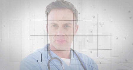Standing adult doctor gazing into camera in studio, with scrub top stethoscope and data overlay. Medical, healthcare, diagnostic, analytics, technology, professional, innovationの写真素材
