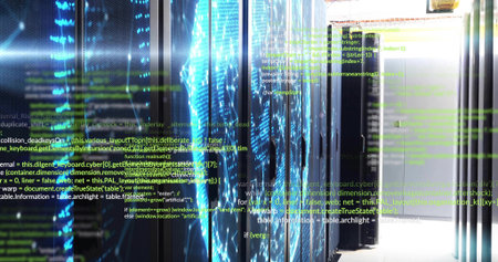 Streaming digital code overlays simulating data flow in data center corridor showing server racks....
