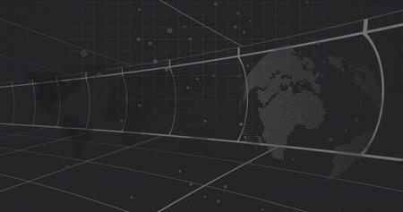 Extending curved tunnel receding into distance in virtual data corridor, with floating data nodes. Futuristic, cyberspace, digital, network, abstract, technology, innovationの写真素材