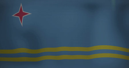 Displaying Aruba flag showing red four-pointed star outlined in white and two yellow bands. Patriotism, national identity, emblem, symbolism, vibrant, graphic, celebrationの写真素材