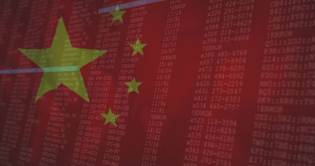 Displaying Chinese flag with yellow stars over red code columns on screen with error messages. Patriotic, digital, cybersecurity, data, technology, interface, futuristicの写真素材