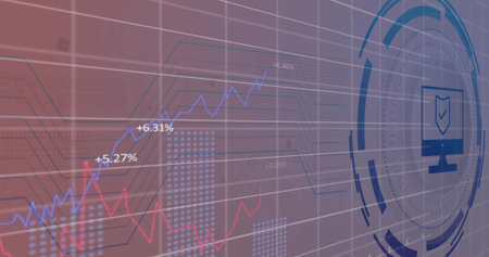 Displaying circular monitor icon on dashboard with grid lines, red and blue line charts, copy space....