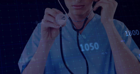 Male doctor wearing blue scrubs holding stethoscope forward in digital lab, with floating data grid....