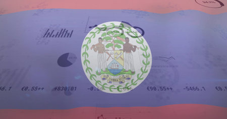 Displaying Belize coat of arms overlaying finance display, showing mahogany tree, wreath and charts. Heritage, economy, analytics, finance, digital, market, symbolismの写真素材