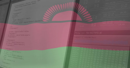 Displaying red-green striped flag overlaying office screen showing code windows and encryption tool. Technology, cybersecurity, data protection, software development, digital interfaceの写真素材