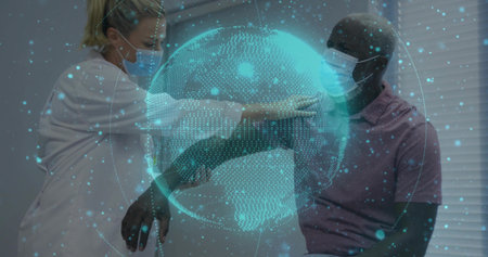 Administering nurse wearing scrubs mask injecting patient arm in clinic, with syringe data overlay. Medical, technology, healthcare, futuristic, clinical, innovation, professionalismの写真素材