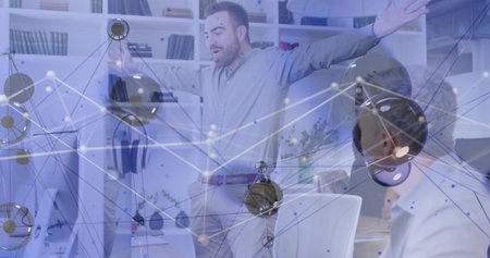 Gesturing office worker wearing button-up shirt spreading arms in office, with network overlay....