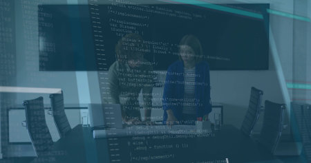 Leaning professionals in business attire examining laptop and papers in meeting room, code overlay....