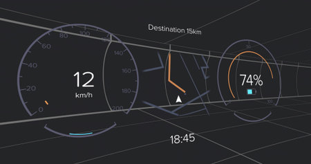 Floating display showing speed gauge, navigation map, battery icon and clock in cockpit grid lines....