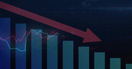 Displaying dashboard with red downward arrow overlaying bar chart and line graph, on grid backdrop. Finance, analytics, data visualization, dashboard, investment, market trend, digital interfaceの写真素材