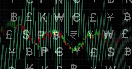 Displaying candlestick chart and currency symbols on trading platform, with grid lines, green bars. Financial, technology, analytics, investment, interface, digital, dataの写真素材