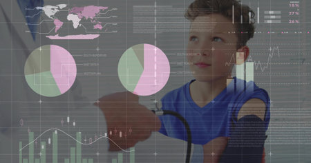 White coat hand fitting blood pressure cuff on boy's arm in exam room, with transparent overlays. Health, analytics, technology, clinical, monitoring, data visualization, healthcareの写真素材