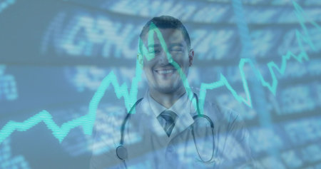Presenting doctor projecting financial ticker and graph over health data in studio with stethoscope....