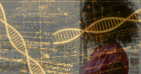 Standing researcher examining code and network diagrams in lab, with golden DNA helices, copy space. Biotechnology, innovation, digital, futuristic, science, genomic, analyticalの写真素材