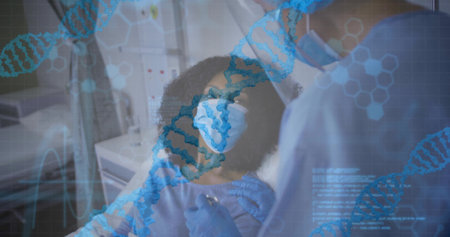 Doctor wearing mask and gloves examining patient on bed in exam room, with DNA helix overlay. Medical, healthcare, genetics, diagnostics, laboratory, clinical, scienceの写真素材