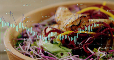 Showcasing wooden bowl of salad with grilled chicken, showing overlay in kitchen. Fresh produce, healthy eating, nutritious mealの写真素材