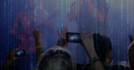 Holding smartphone horizontally, fan capturing stage code visuals at concert venue, with wristbands. Vibrant, immersive, energetic, nightlife, dynamic, modern, technologicalの写真素材