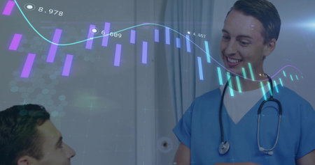 Interacting doctor discussing patient metrics on digital overlay in exam room, with stethoscope. Medical, consultation, technology, diagnostic, healthcare, analysis, professionalの写真素材